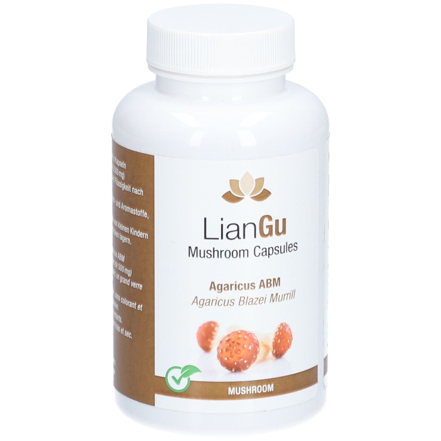 Weiße Flasche mit LIANGU Mushroom Capsules. Aufschrift: Agaricus ABM, Agaricus Blazei Murrill. Grünes Siegel.