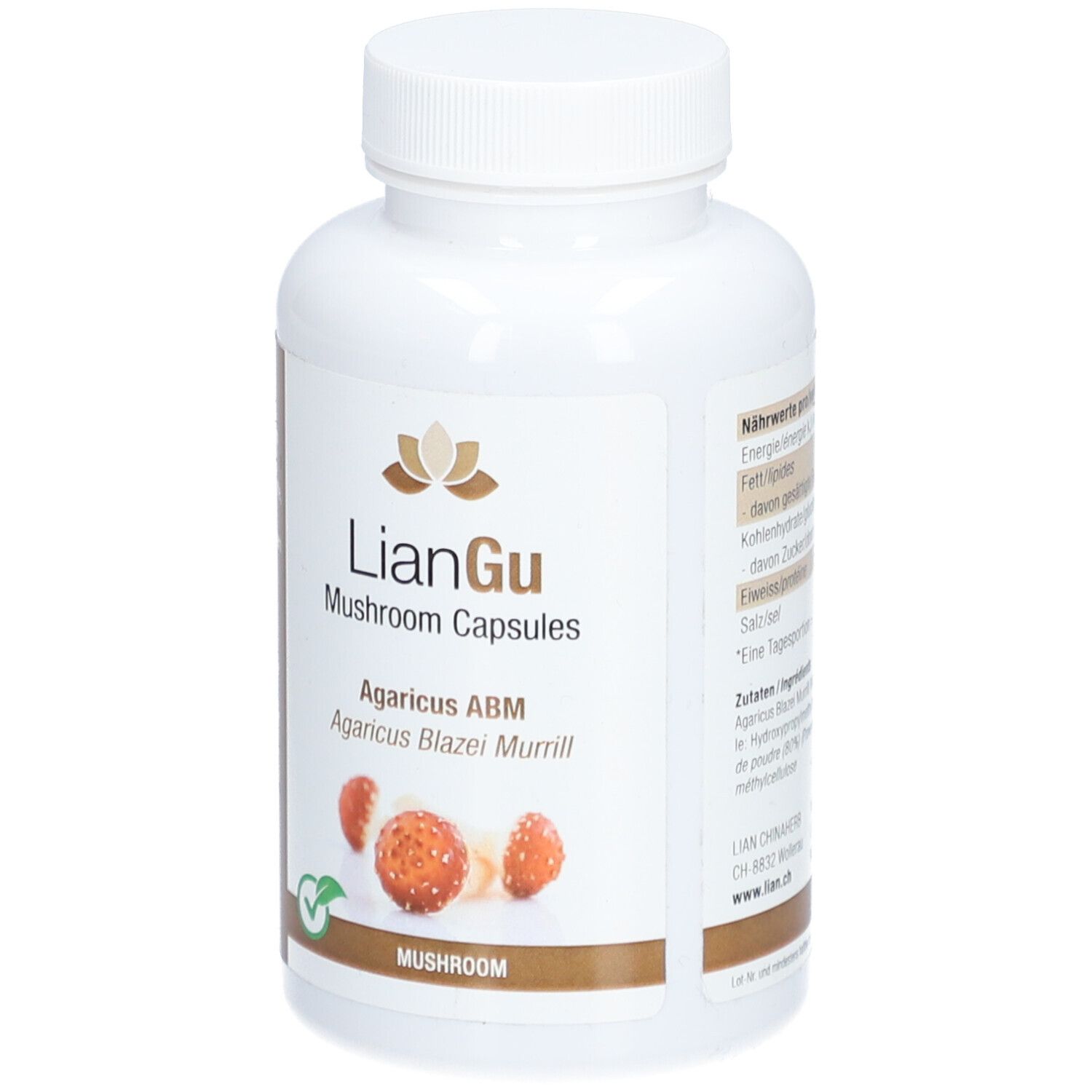 Weiße Flasche mit LIANGU Mushroom Capsules. Aufschrift: Agaricus ABM, Agaricus Blazei Murrill. Grünes Siegel.