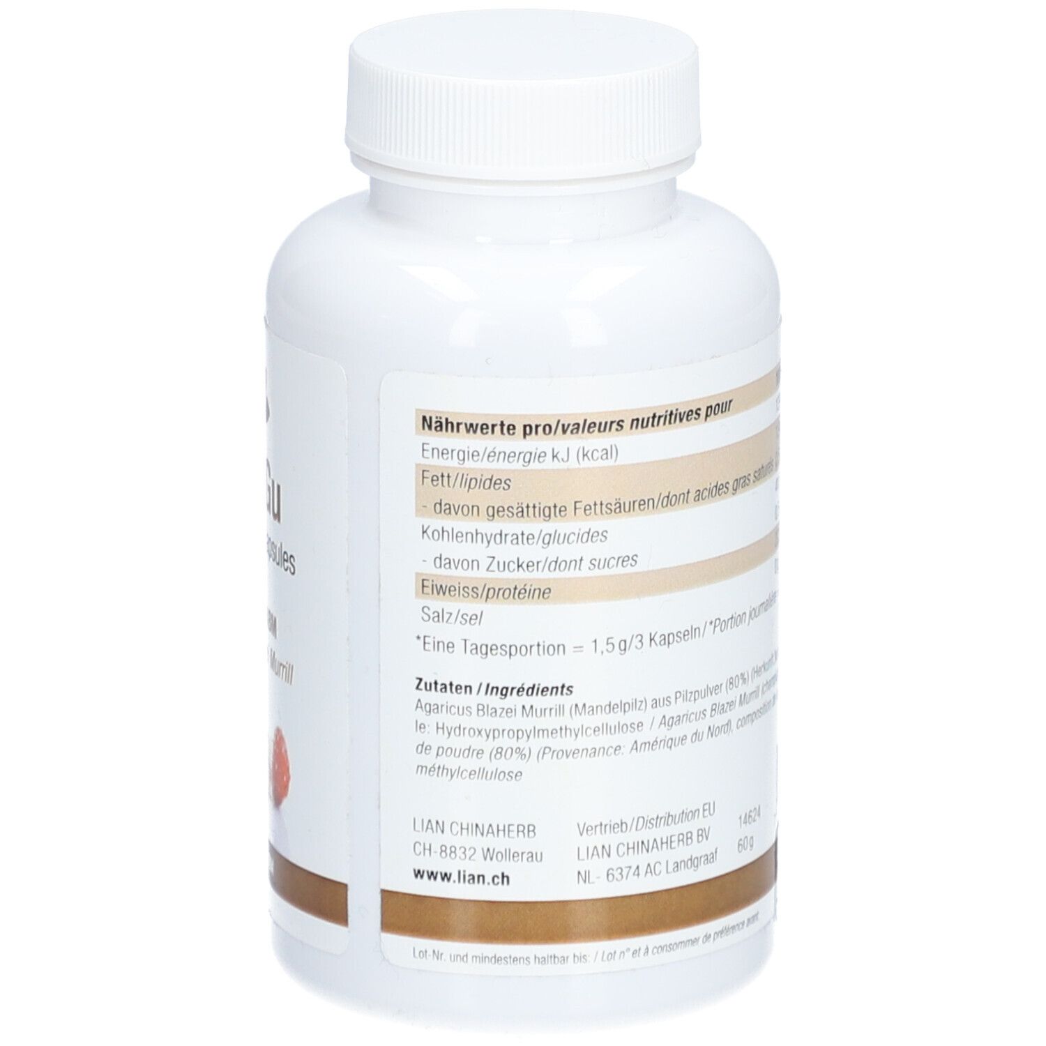 Rückseite der Flasche LIANGU Mushroom Capsules. Nährwertangaben und Zutaten. Text in Deutsch.