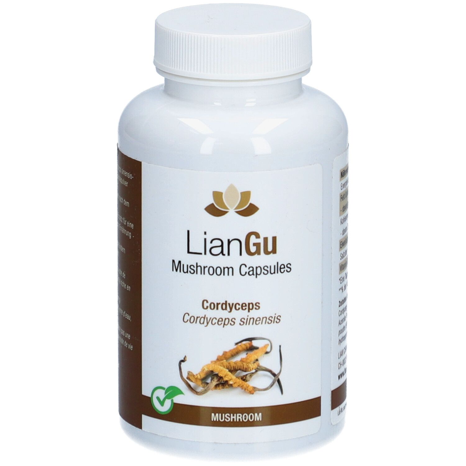 Weiße Flasche mit LIANGU Mushroom Capsules. Aufschrift Cordyceps sinensis. Abbildung von Pilzen.