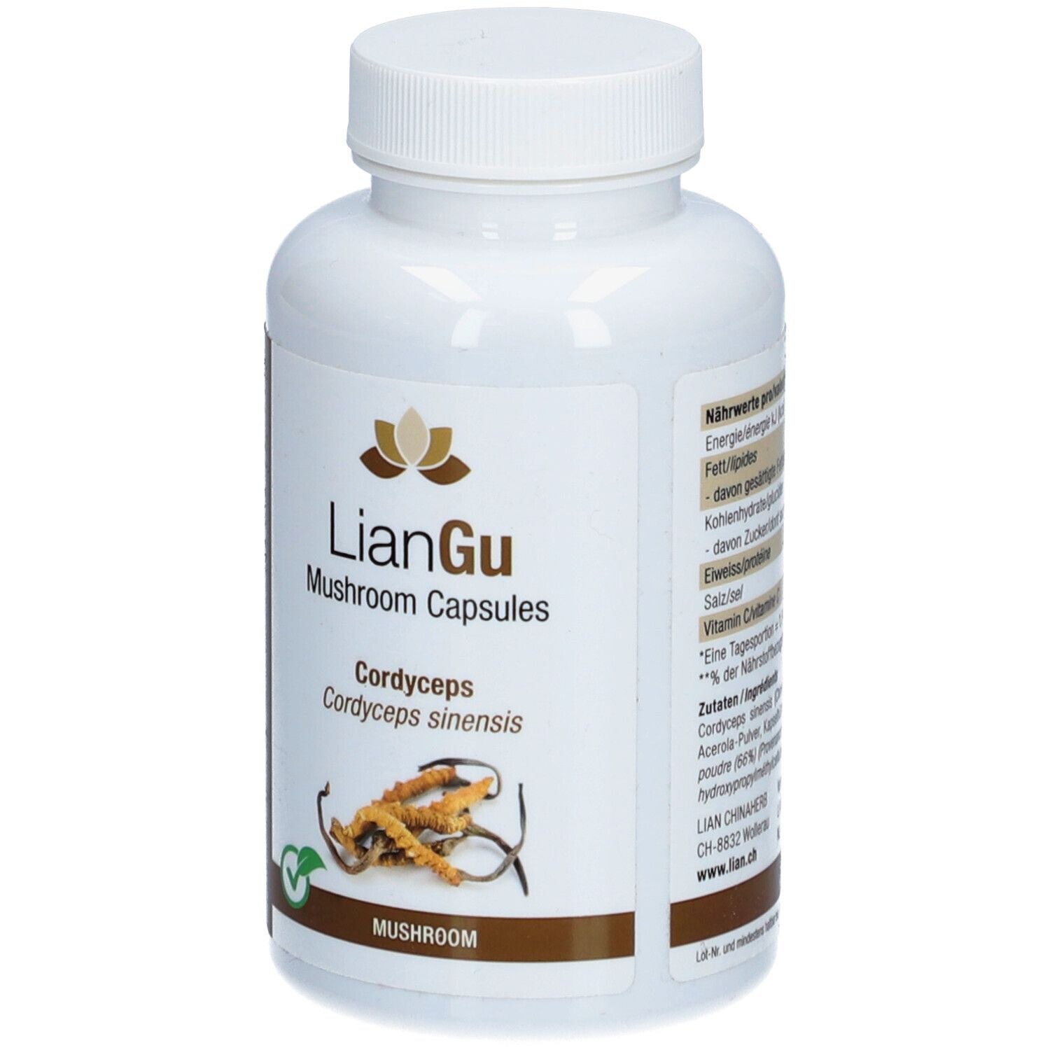Weiße Flasche mit LIANGU Mushroom Capsules. Aufschrift Cordyceps sinensis. Abbildung von Pilzen.