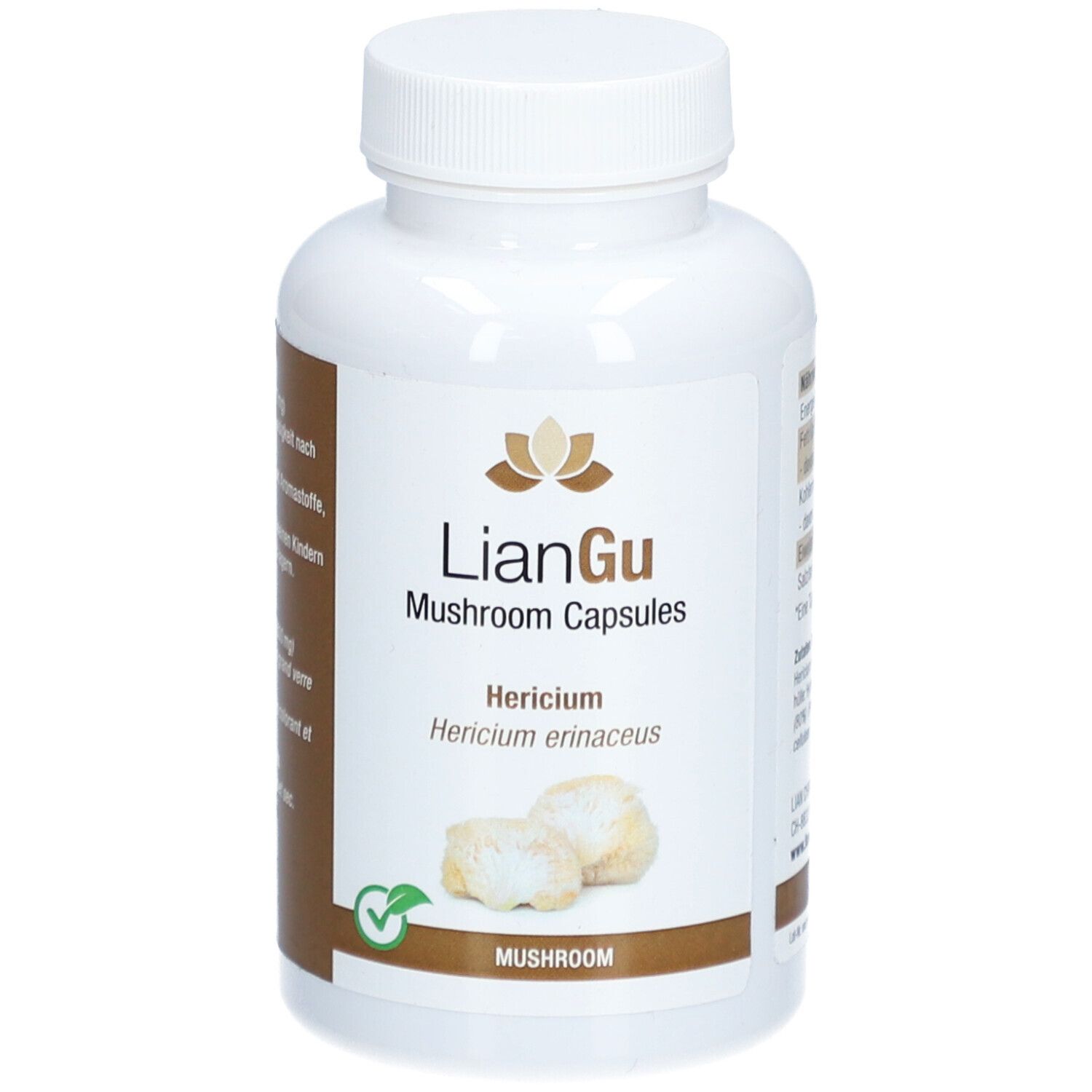 Weiße Flasche mit Schraubverschluss. Aufschrift: LIANGU Mushroom Capsules. Hericium. Abbildung von Pilzen.