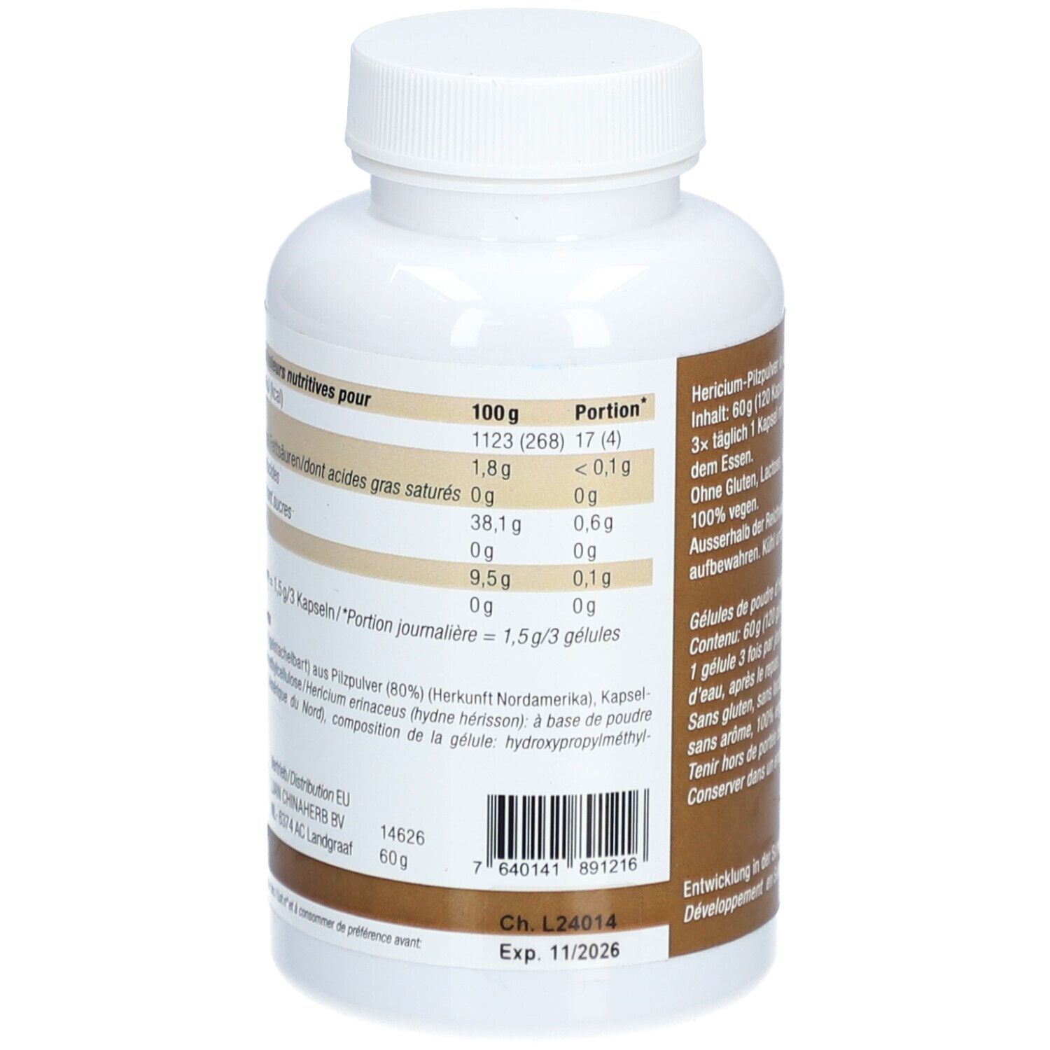 Rückseite der weißen Flasche. Nährwertangaben und Barcode. Haltbarkeitsdatum: Exp. 11/2026.