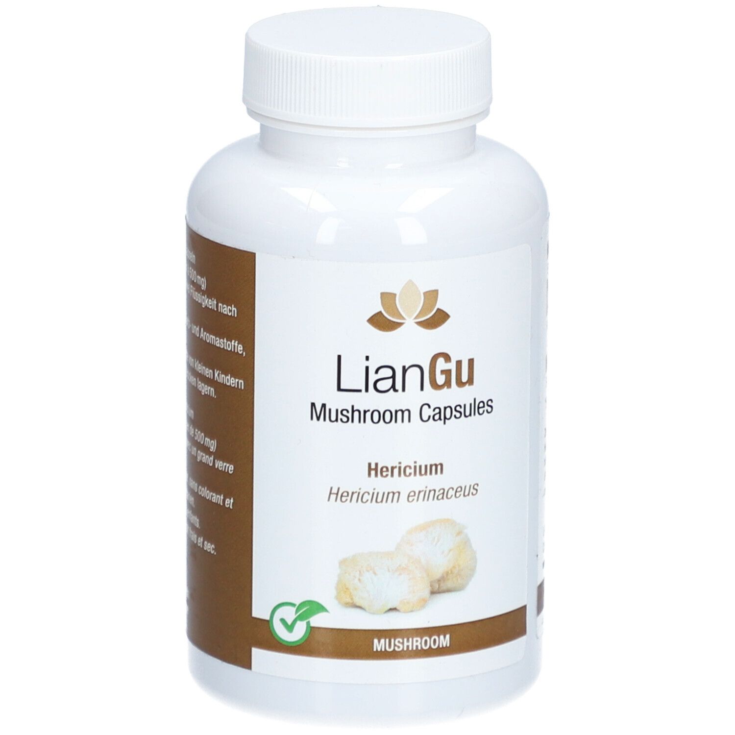 Weiße Flasche mit Schraubverschluss. Aufschrift: LIANGU Mushroom Capsules. Hericium. Abbildung von Pilzen.