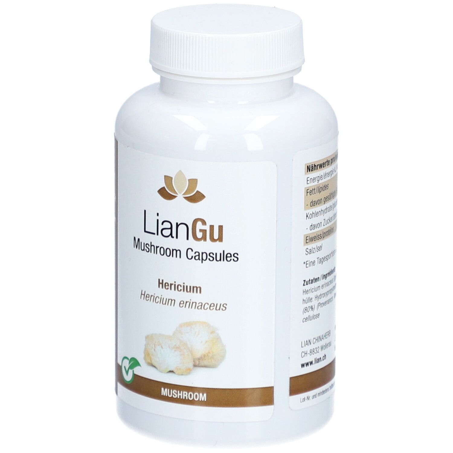 Weiße Flasche mit Schraubverschluss. Aufschrift: LIANGU Mushroom Capsules. Hericium. Abbildung von Pilzen.