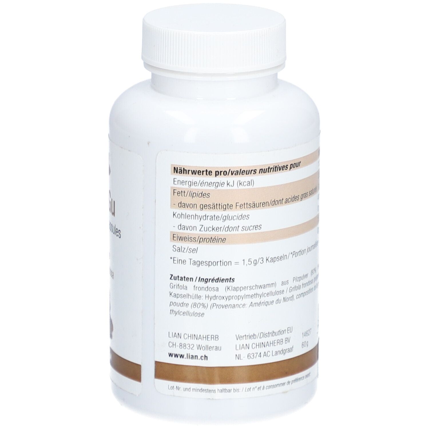 Dos du flacon blanc. Informations nutritionnelles et liste des ingrédients en allemand. Coordonnées.