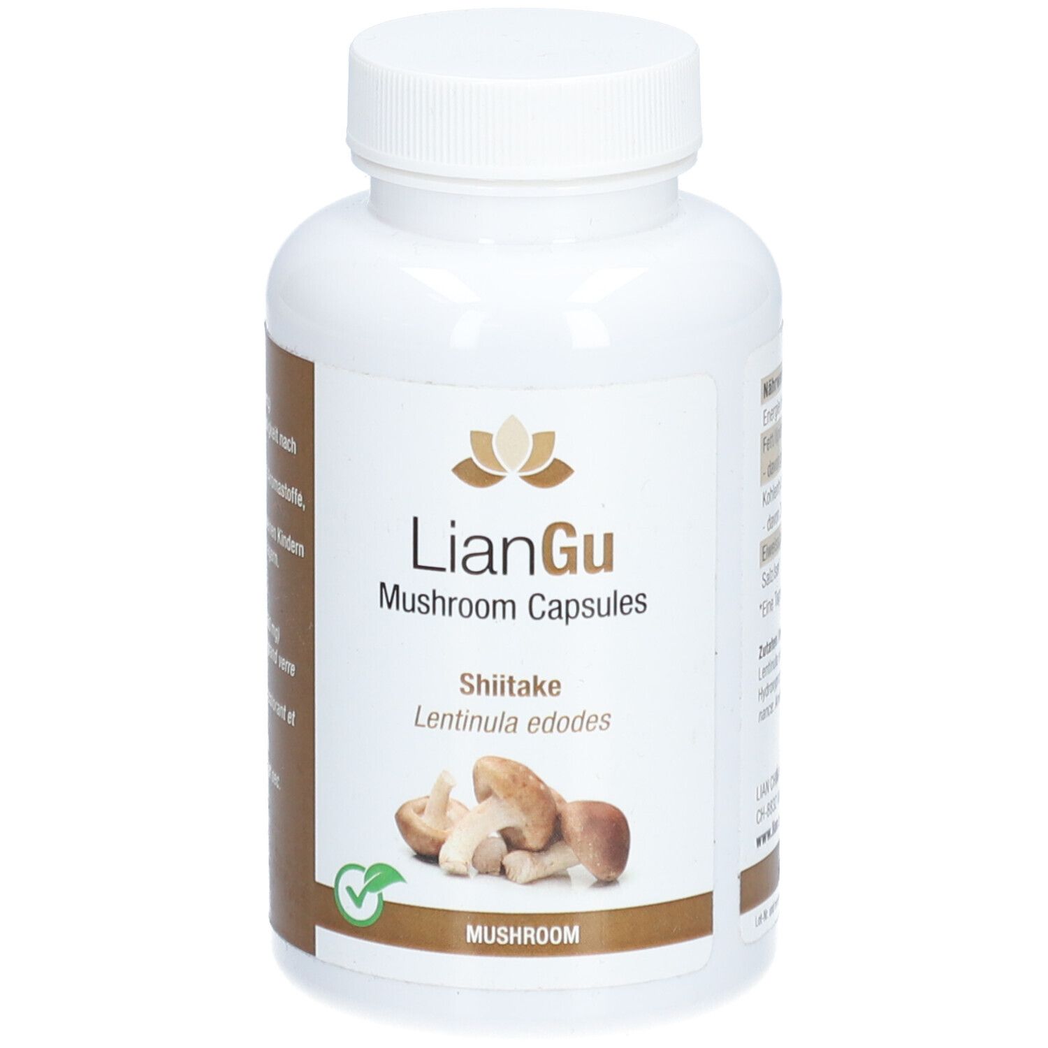 Weiße Flasche mit LIANGU Mushroom Capsules. Etikett mit Shiitake-Pilz-Abbildung und Text. Grünes Siegel.