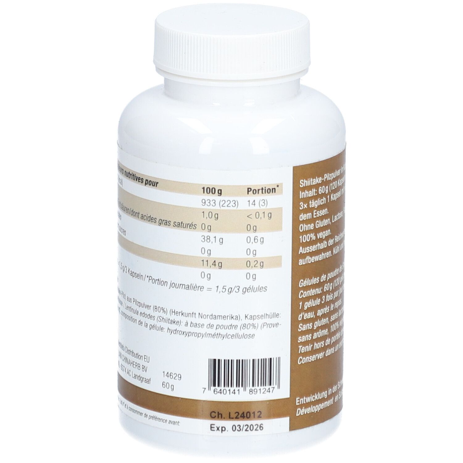 Rückseite der weißen Flasche. Nährwerttabelle und weitere Informationen auf braunem Hintergrund. Barcode und Verfallsdatum.