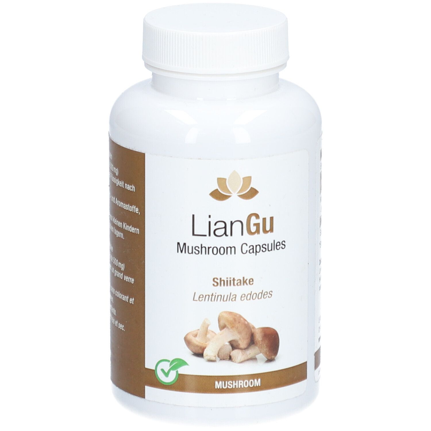 Weiße Flasche mit LIANGU Mushroom Capsules. Etikett mit Shiitake-Pilz-Abbildung und Text. Grünes Siegel.