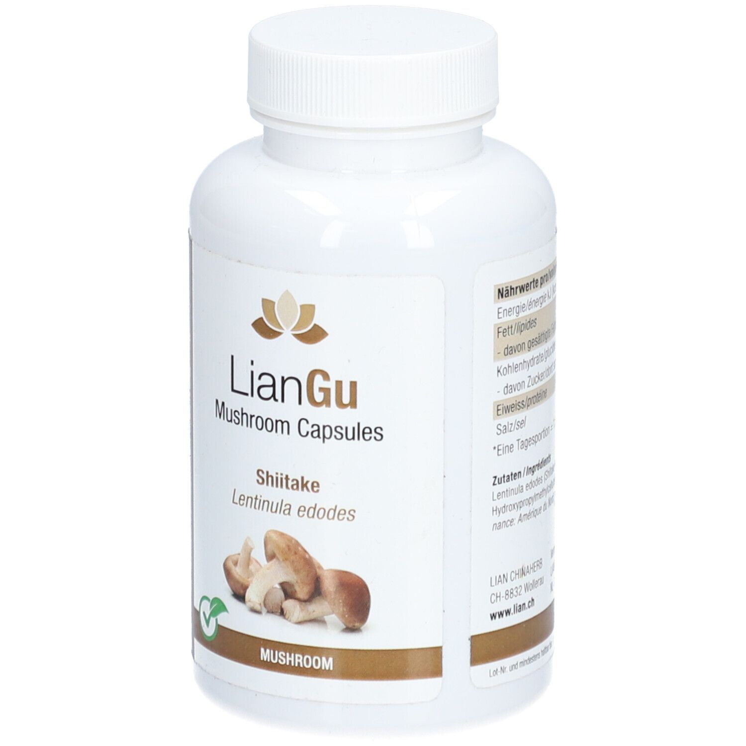 Weiße Flasche mit LIANGU Mushroom Capsules. Etikett mit Shiitake-Pilz-Abbildung und Text. Grünes Siegel.