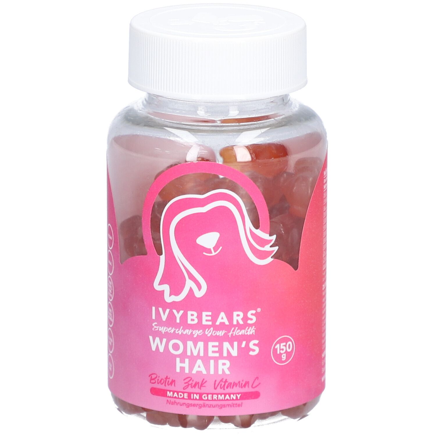 Flacon transparent avec étiquette rose. Inscription: IVYBEARS Women's Hair. Contient des oursons gélifiés. Bouchon blanc.