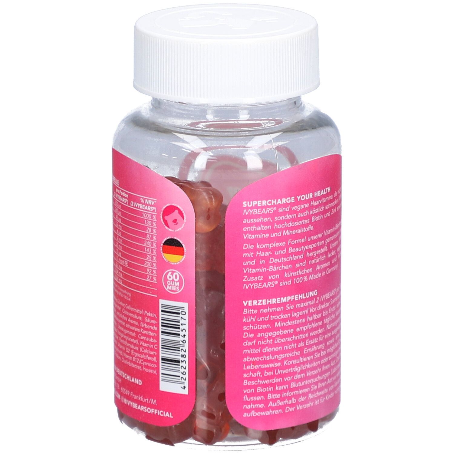 Dos du flacon. Étiquette rose avec texte. Contient des informations nutritionnelles et recommandations. 60 portions.