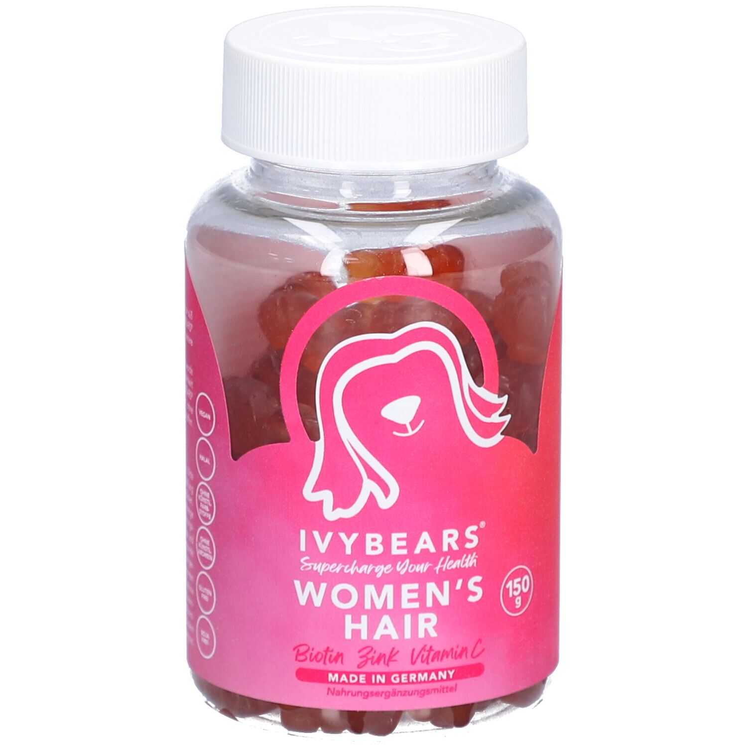 Flacon transparent avec étiquette rose. Inscription: IVYBEARS Women's Hair. Contient des oursons gélifiés. Bouchon blanc.