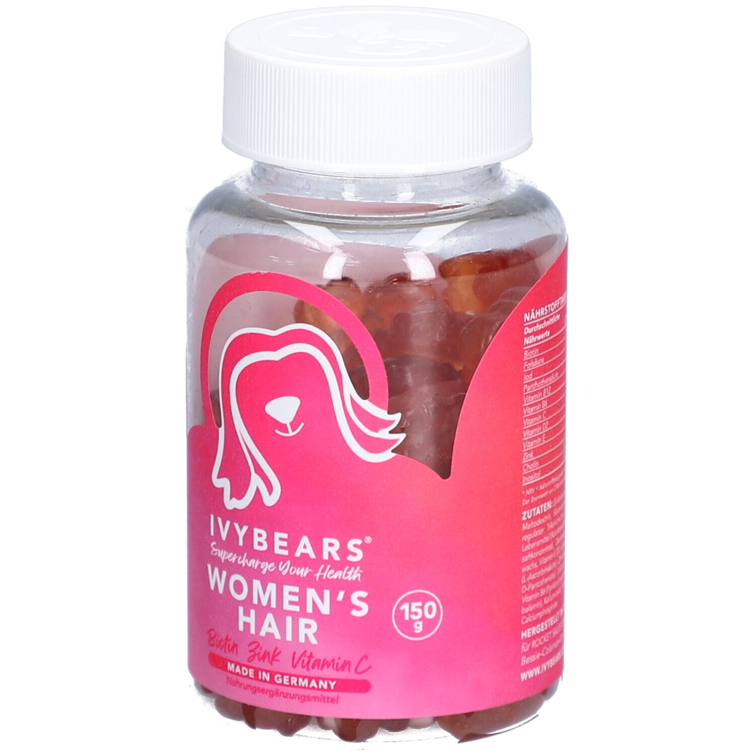 Flacon transparent avec étiquette rose. Inscription: IVYBEARS Women's Hair. Contient des oursons gélifiés. Bouchon blanc.