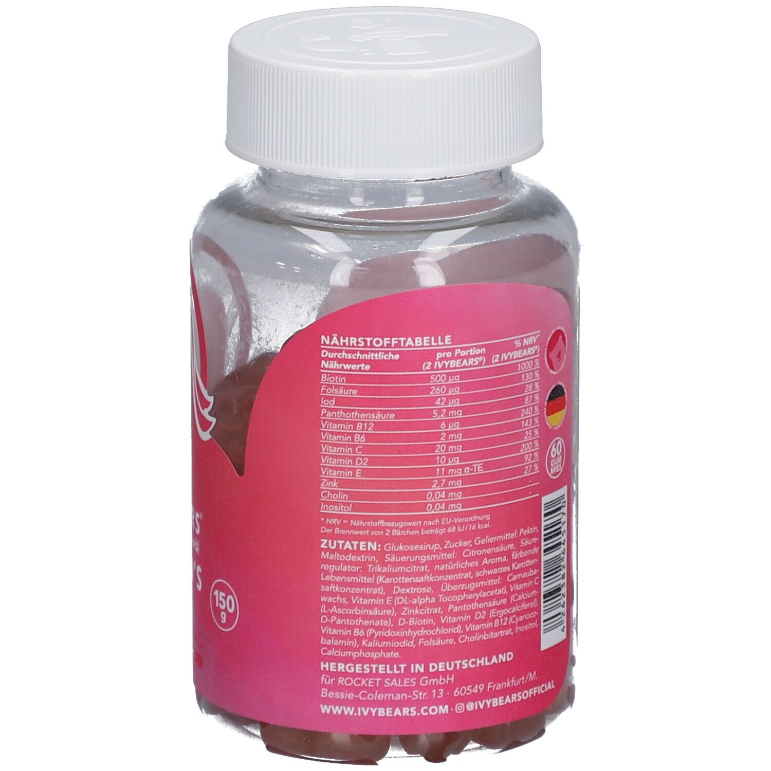 Dos du flacon. Étiquette rose avec texte. Contient des informations nutritionnelles et liste des ingrédients. 150g.