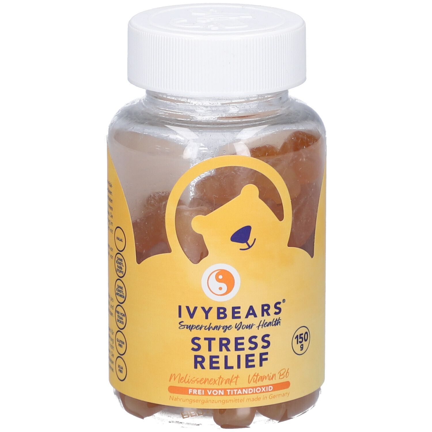 Klare Dose mit Gummibärchen. Aufkleber mit IVYBEARS-Logo, Produktname, und Inhaltsstoffen. Deckel weiß.