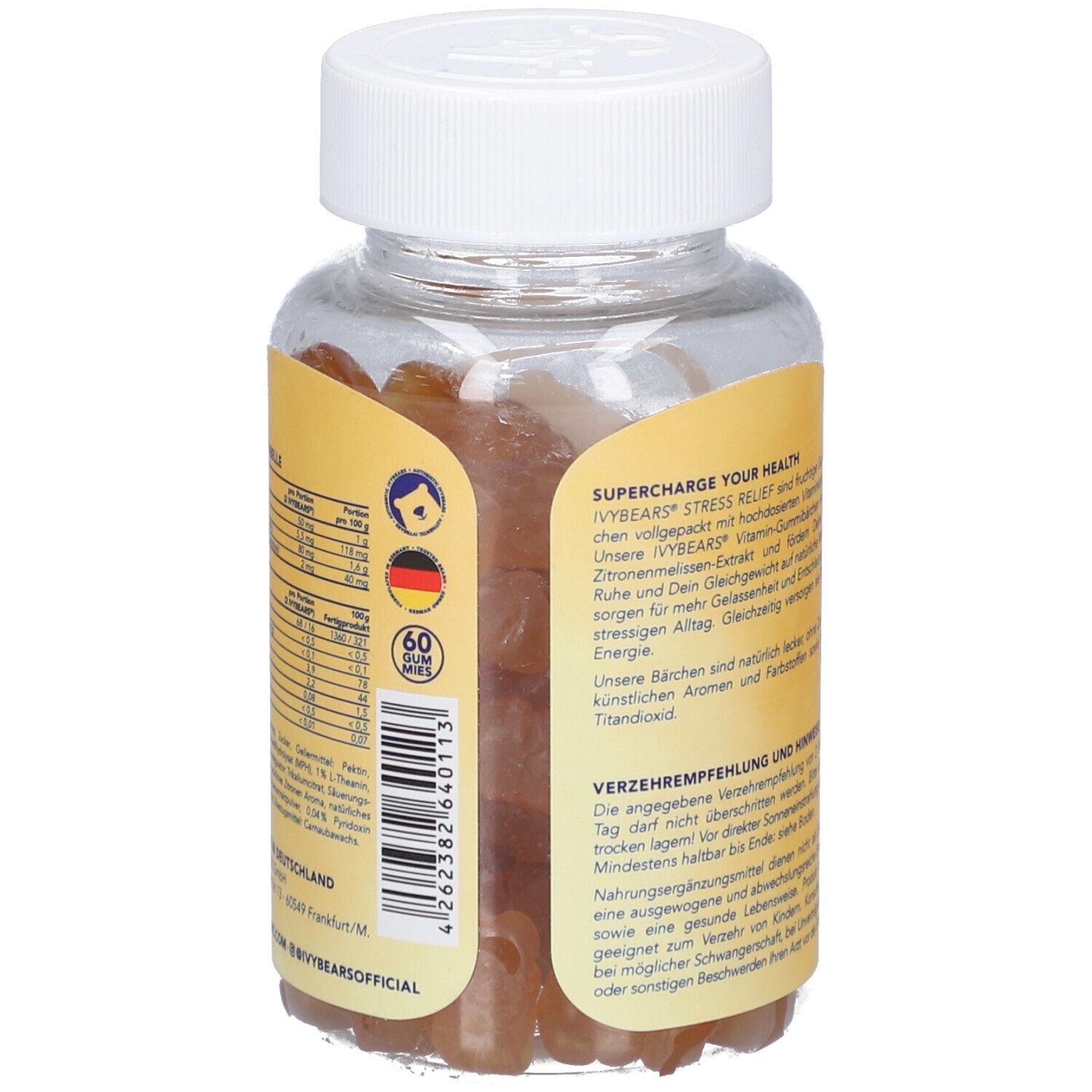 Dose mit Gummibärchen, Rückansicht. Text mit Inhaltsstoffen und Nährwertangaben. Logo und Herkunftsland.