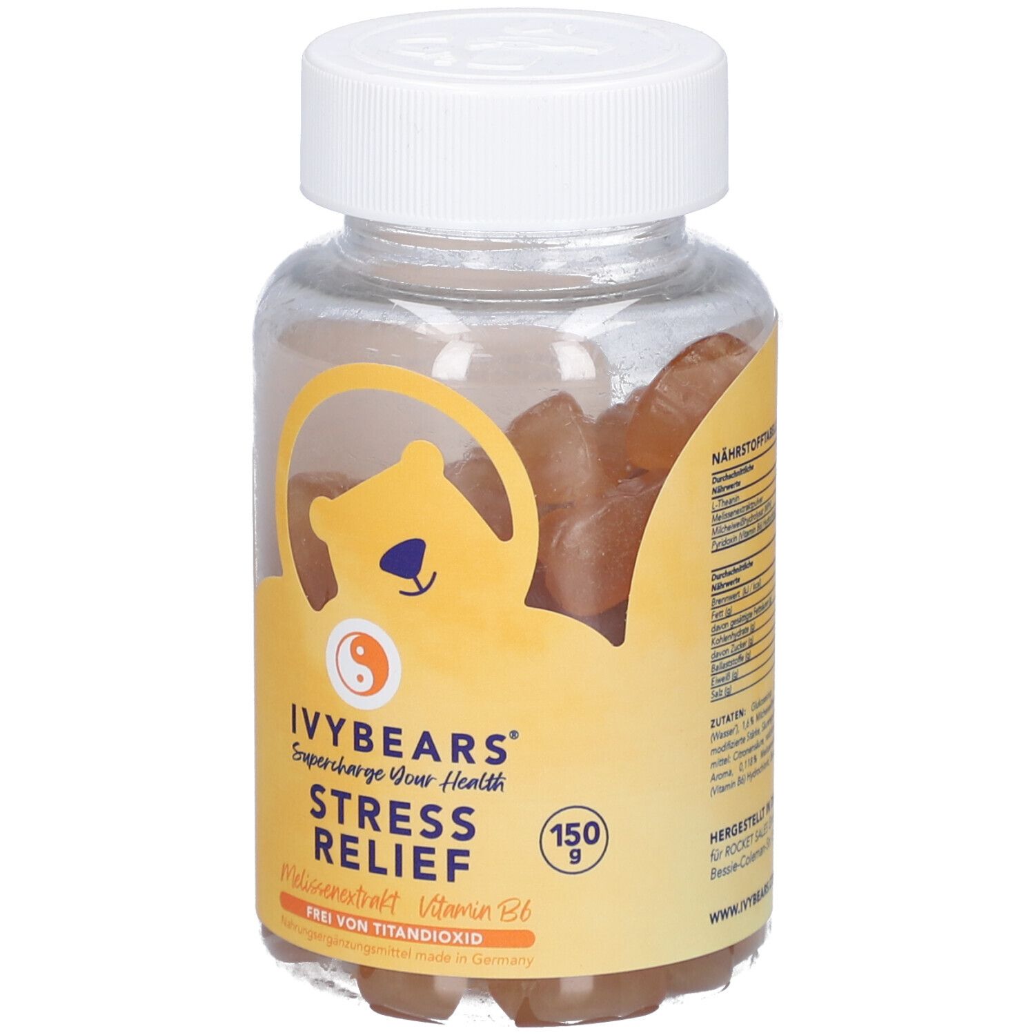 Dose mit Gummibärchen, leicht schräg. Aufkleber mit IVYBEARS-Logo, Produktname, und Inhaltsstoffen. Deckel weiß.