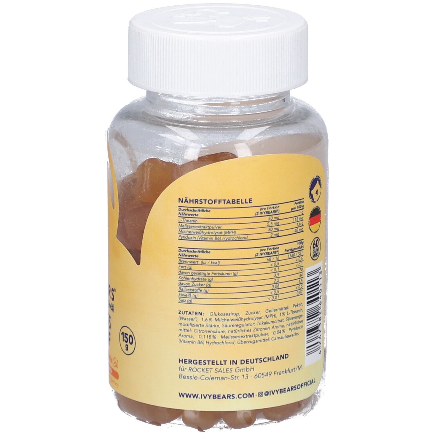 Rückseite der Dose mit Nährwerttabelle und Inhaltsstoffen. Herstellerinformationen und Logos.