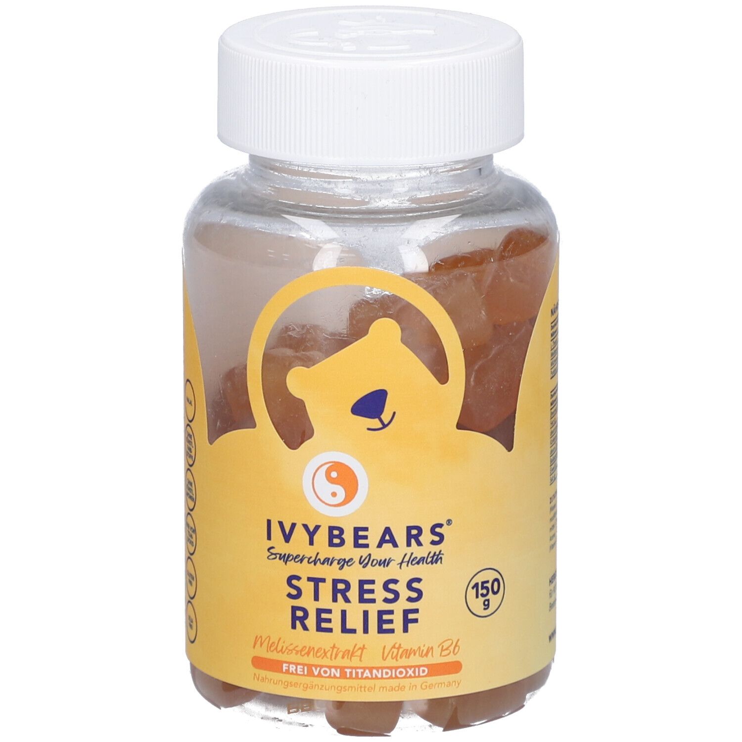 Klare Dose mit Gummibärchen. Aufkleber mit IVYBEARS-Logo, Produktname, und Inhaltsstoffen. Deckel weiß.
