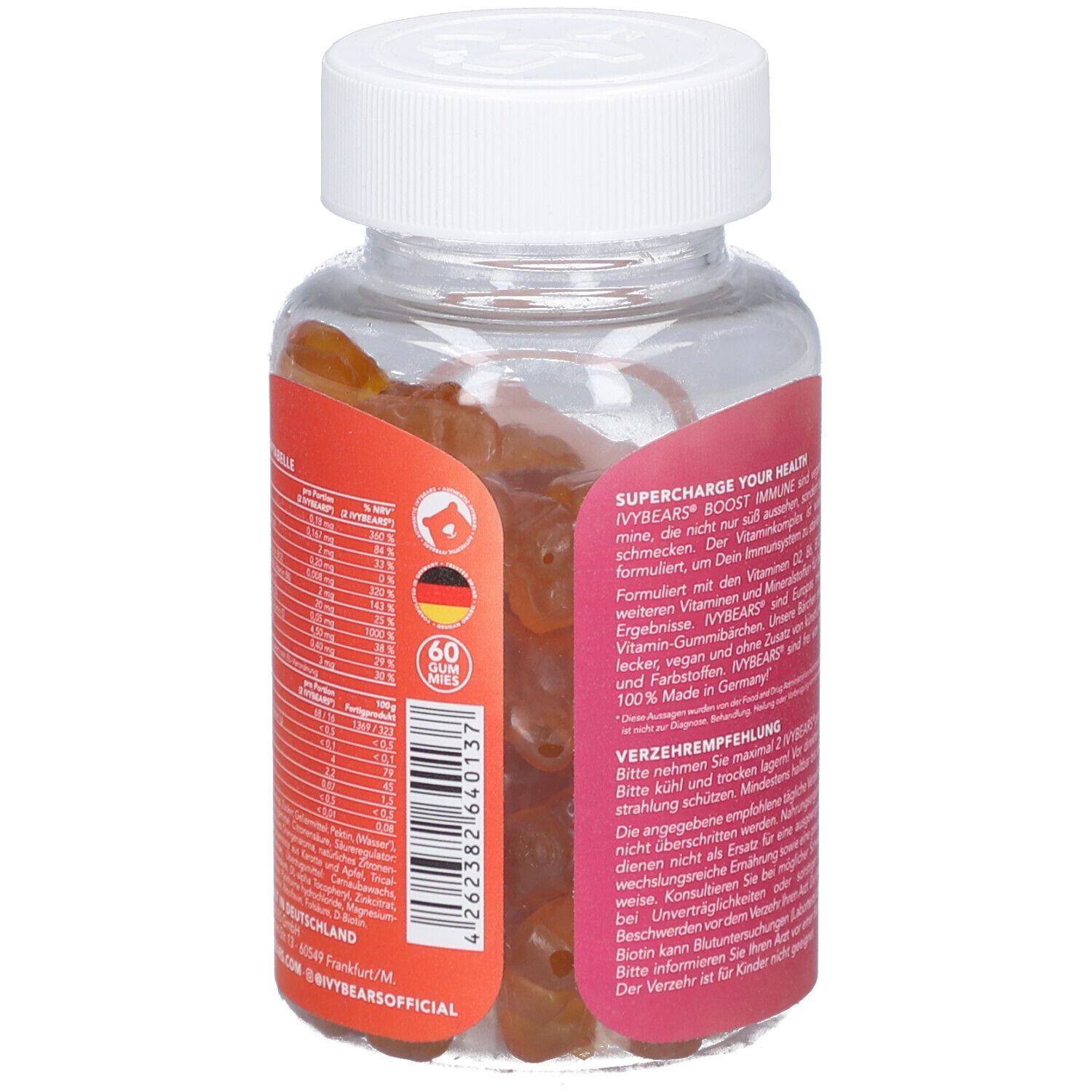 Rückseite der Dose mit Text. Enthält Nährwerttabelle und Verzehrempfehlung. 60 Gummibärchen. Hergestellt in Deutschland.