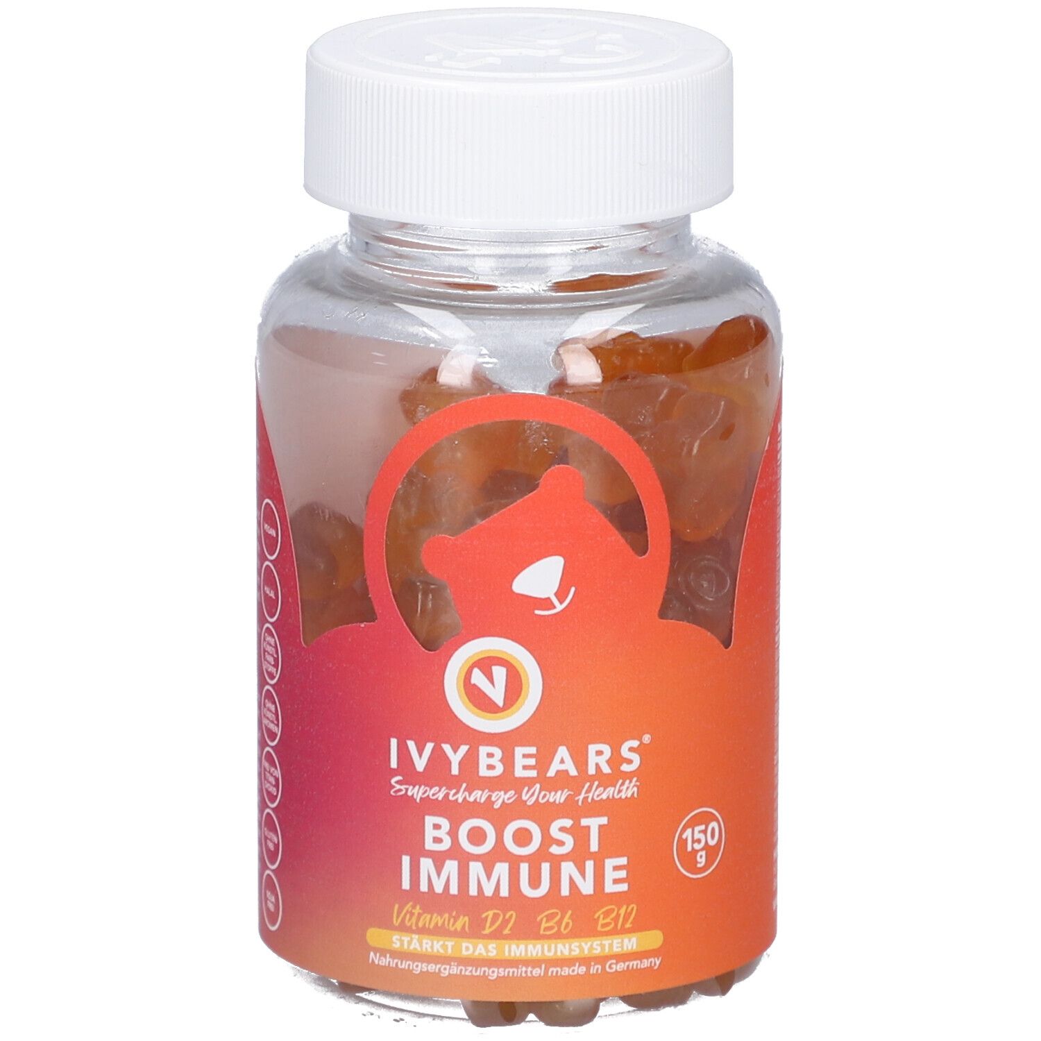 Klare Dose mit Gummibärchen. Aufkleber mit "IVYBEARS Boost Immune". Enthält Vitamine D2, B6, B12, C & E. Deckel weiß.