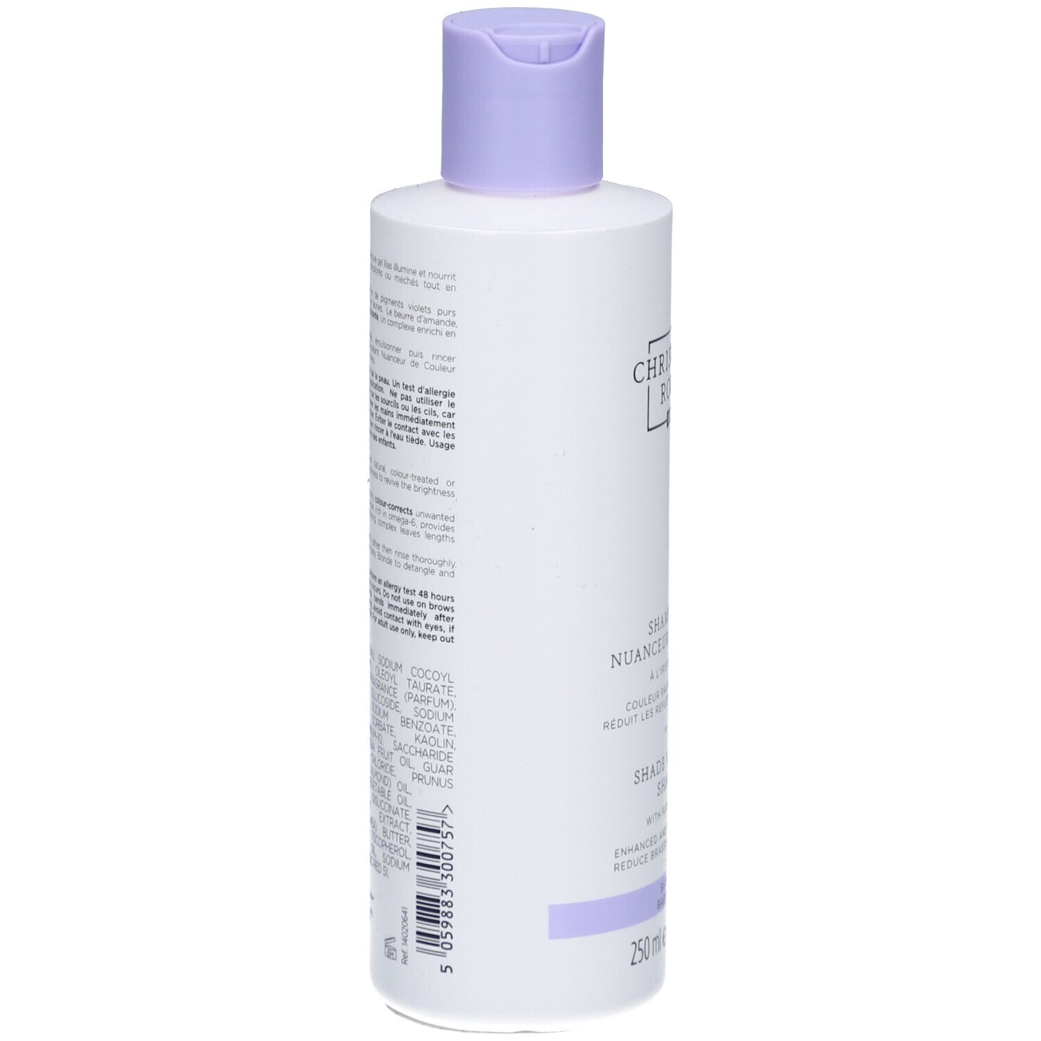 Rückseite des weißen Shampoo-Fläschchens mit lila Deckel. Text in mehreren Sprachen. Inhaltsstoffe und Herstellerinformationen.