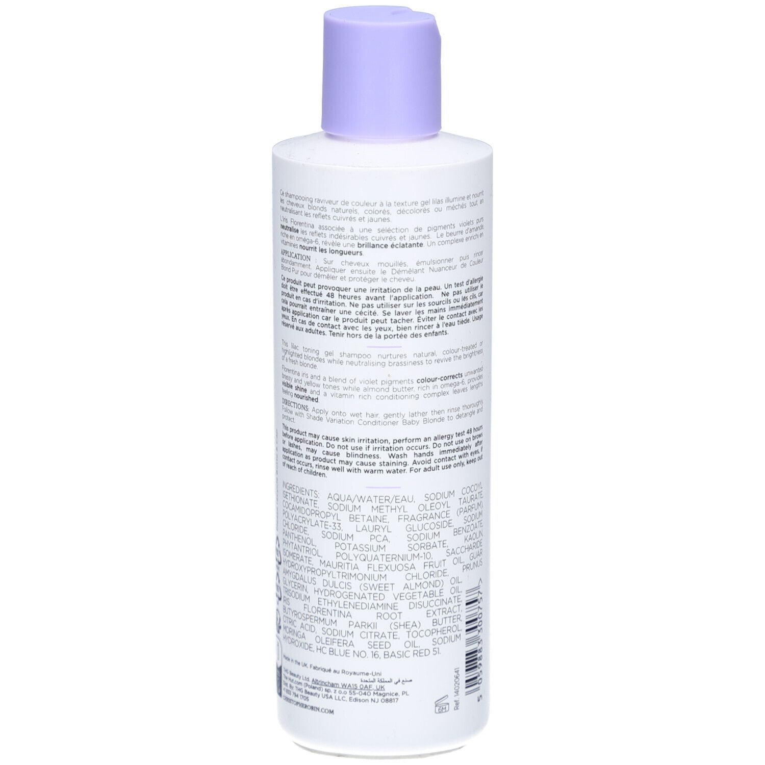 Rückseite des weißen Shampoo-Fläschchens mit lila Deckel. Text in mehreren Sprachen. Inhaltsstoffe und Herstellerinformationen.