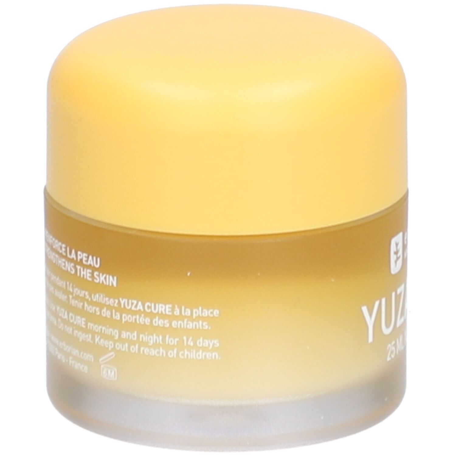 Gel-Creme-Gesicht. Rückseite des Behälters. Text: Yuza Cure, 25 ml. Hinweise. Erborian.