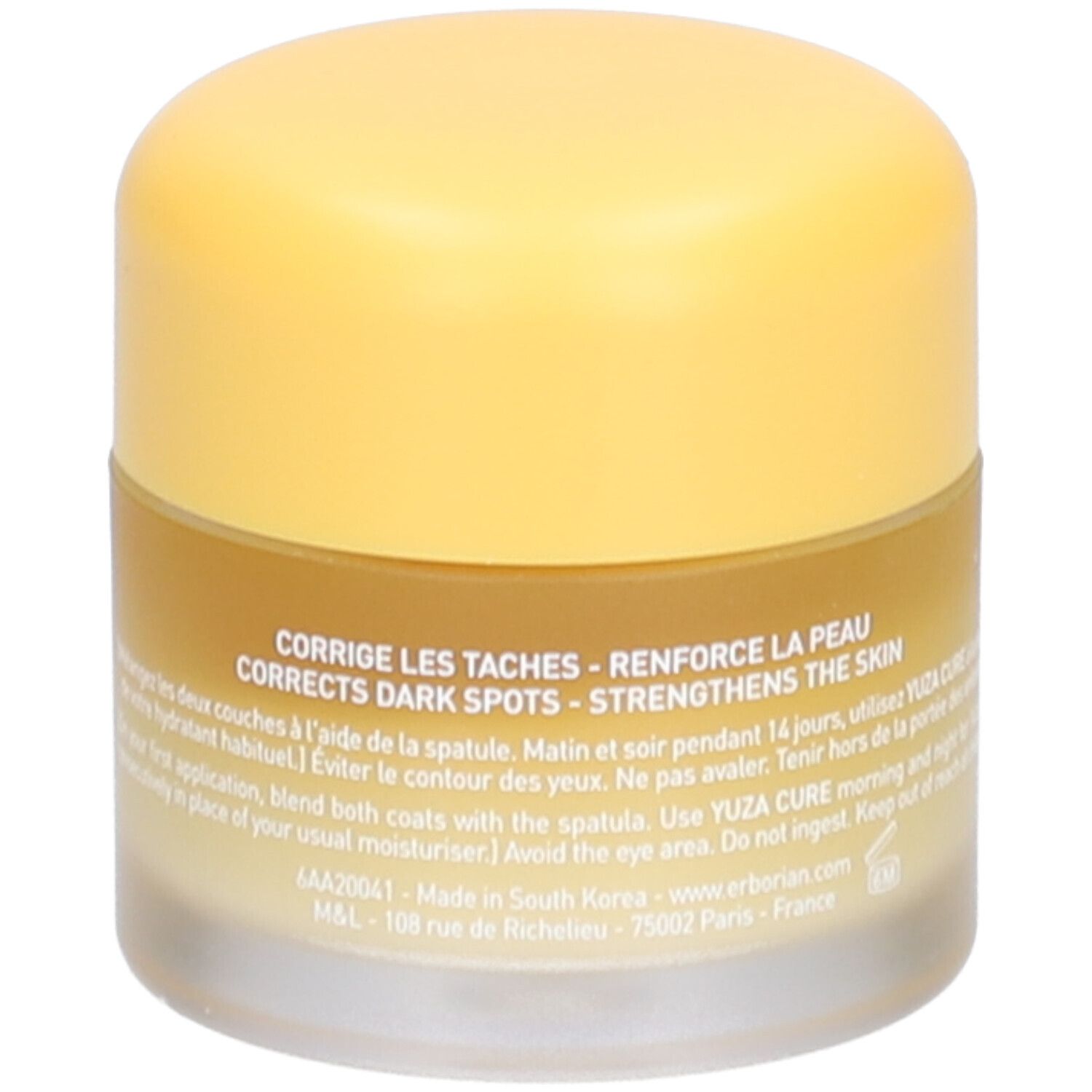 Gel-Creme-Gesicht. Rückseite des Behälters. Text: Yuza Cure, 25 ml. Hinweise. Erborian.