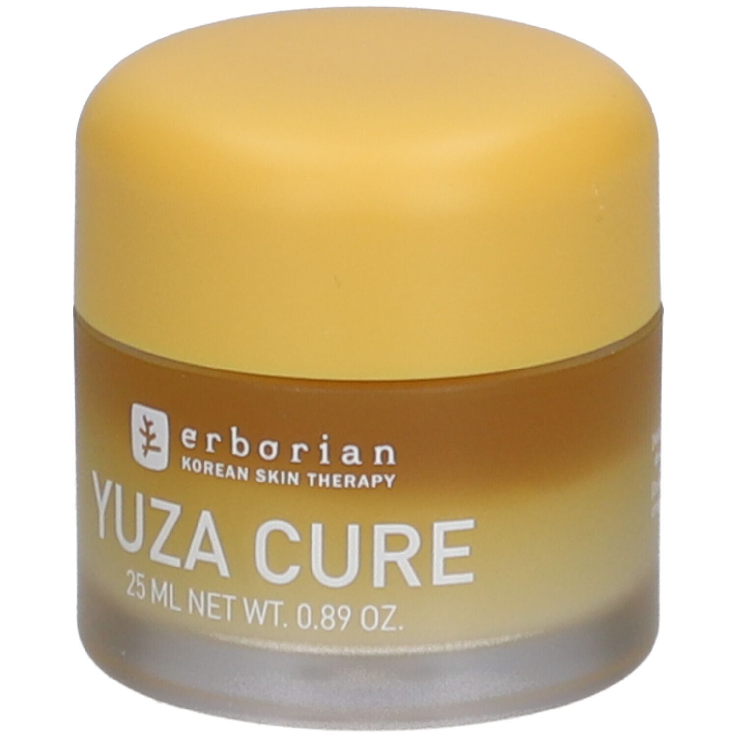 Gel-Creme-Gesicht. Gelbe Kappe, durchsichtiger Behälter. Aufschrift: Yuza Cure, 25 ml, 0.89 oz. Erborian.