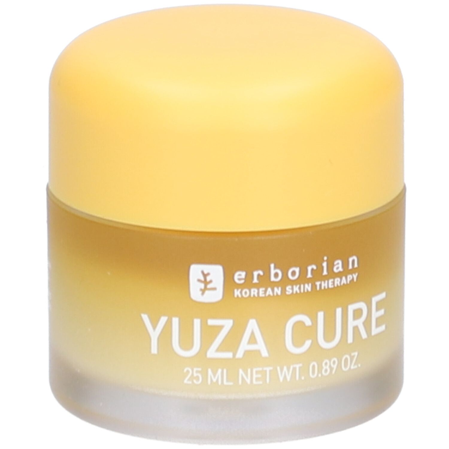Gel-Creme-Gesicht. Gelbe Kappe, durchsichtiger Behälter. Aufschrift: Yuza Cure, 25 ml, 0.89 oz. Erborian.