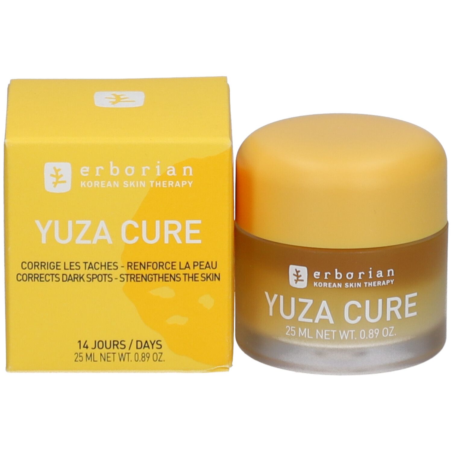Gel-Creme-Gesicht und Schachtel. Schachtel und Behälter gelb. Aufschrift: Yuza Cure, 25 ml, 0.89 oz. Erborian.