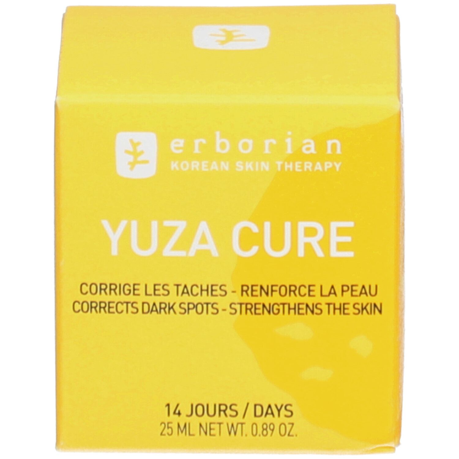 Gelbe Schachtel. Aufschrift: Yuza Cure, 25 ml, 0.89 oz. Erborian.