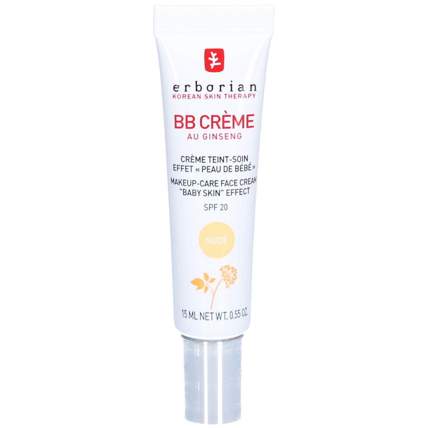 Weiße Tube mit BB Crème von Erborian. Text in Schwarz und Rot. Nude-Farbton. SPF 20. 15 ml.