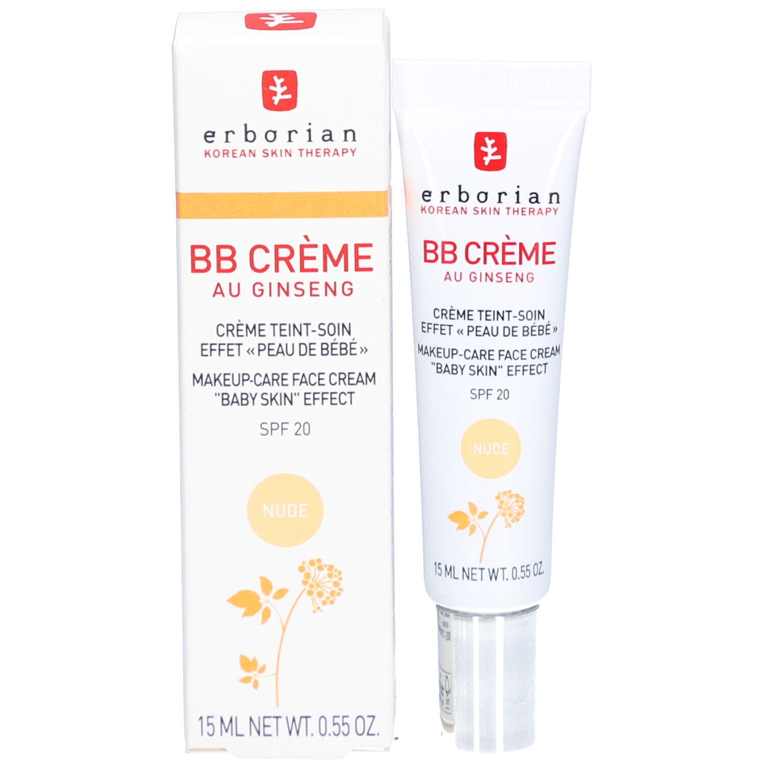 Erborian BB Crème in Schachtel und Tube. Weiße Verpackung mit roter und schwarzer Schrift. Nude-Farbton. SPF 20.