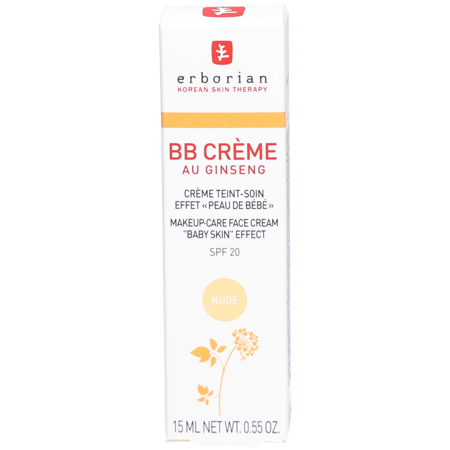 Weiße Schachtel mit Erborian BB Crème. Rote und schwarze Schrift. Nude-Farbton. SPF 20. 15 ml.