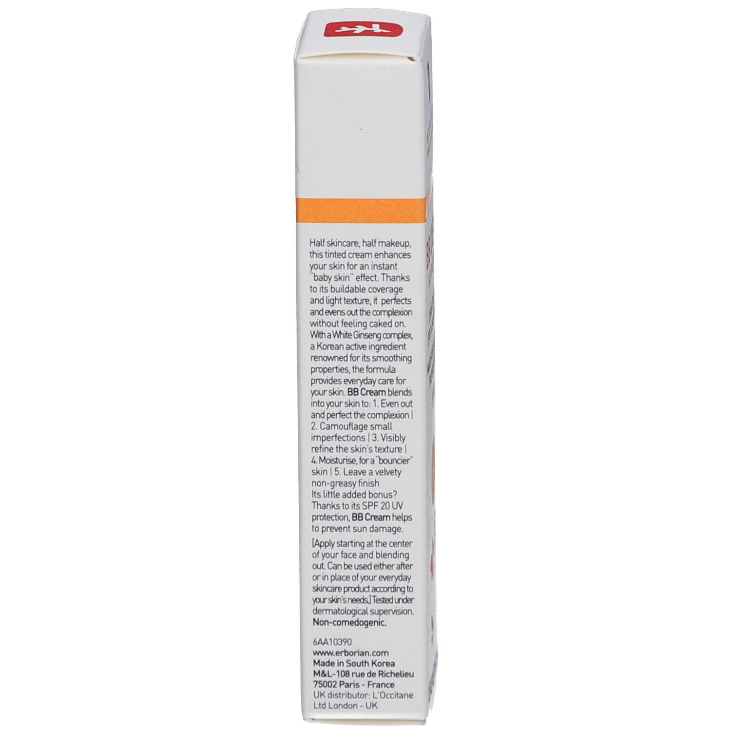 Seite der Schachtel mit Text. Orangefarbener Streifen. Produktbeschreibung in Englisch und Französisch.