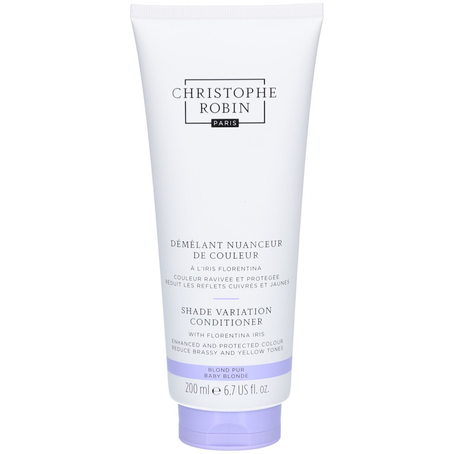 Weiße Tube mit lila Verschluss. Aufschrift: Christophe Robin Paris. Produktname und Text in Schwarz. 200 ml.