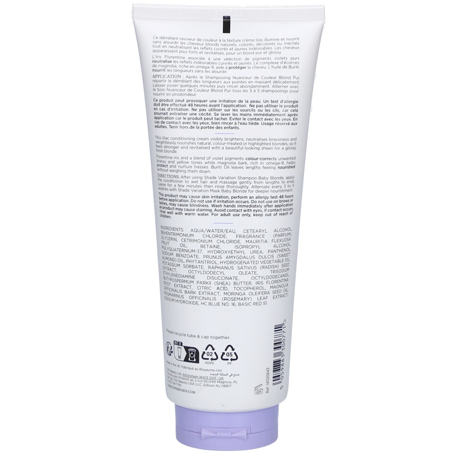 Rückseite der weißen Tube. Text in Schwarz. Inhaltsstoffe und Anweisungen. Lila Verschluss.