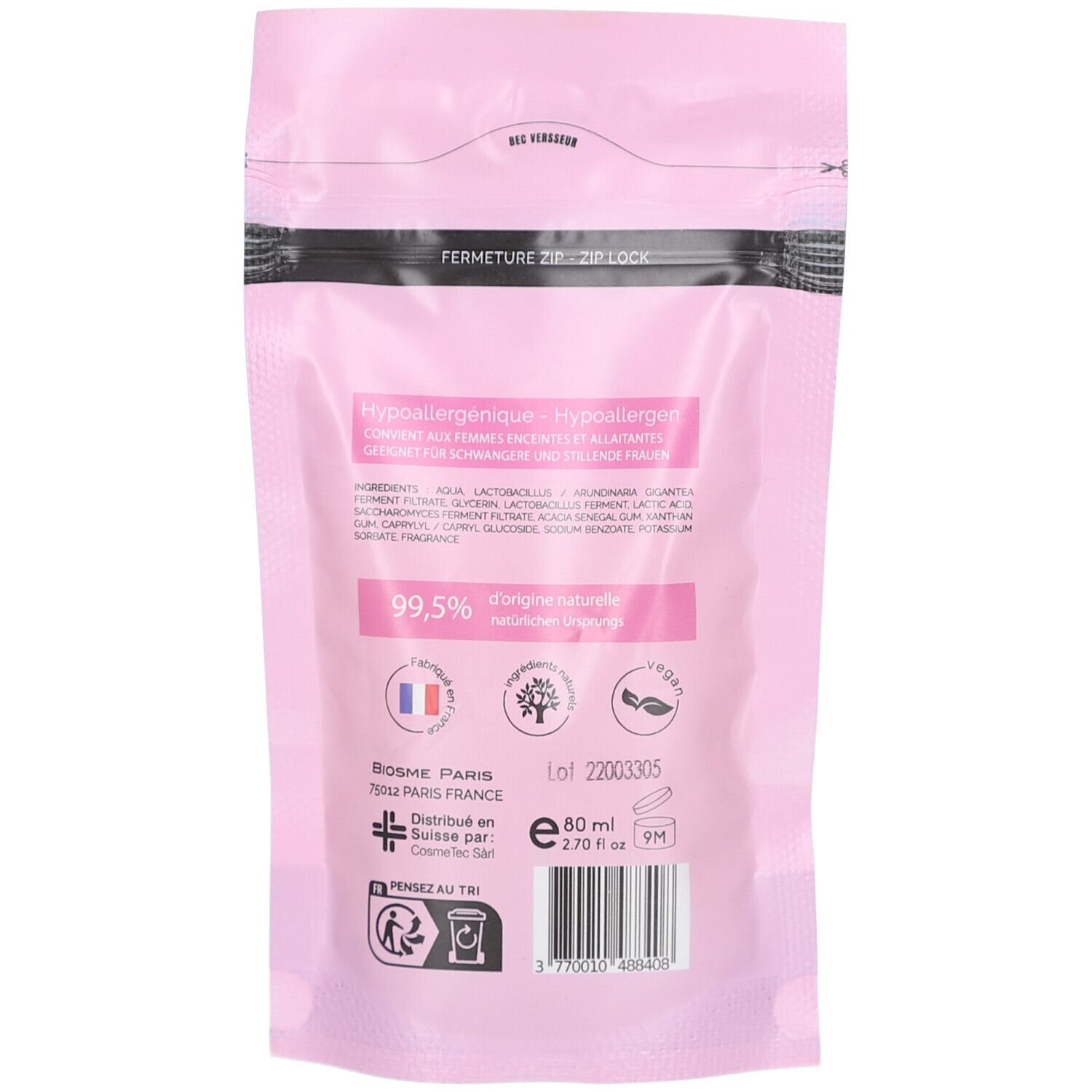 Rückseite der rosa Nachfüllpackung. Text: Hypoallergen, Inhaltsstoffe, 99,5% natürliche Herkunft. Logos und Chargennummer.