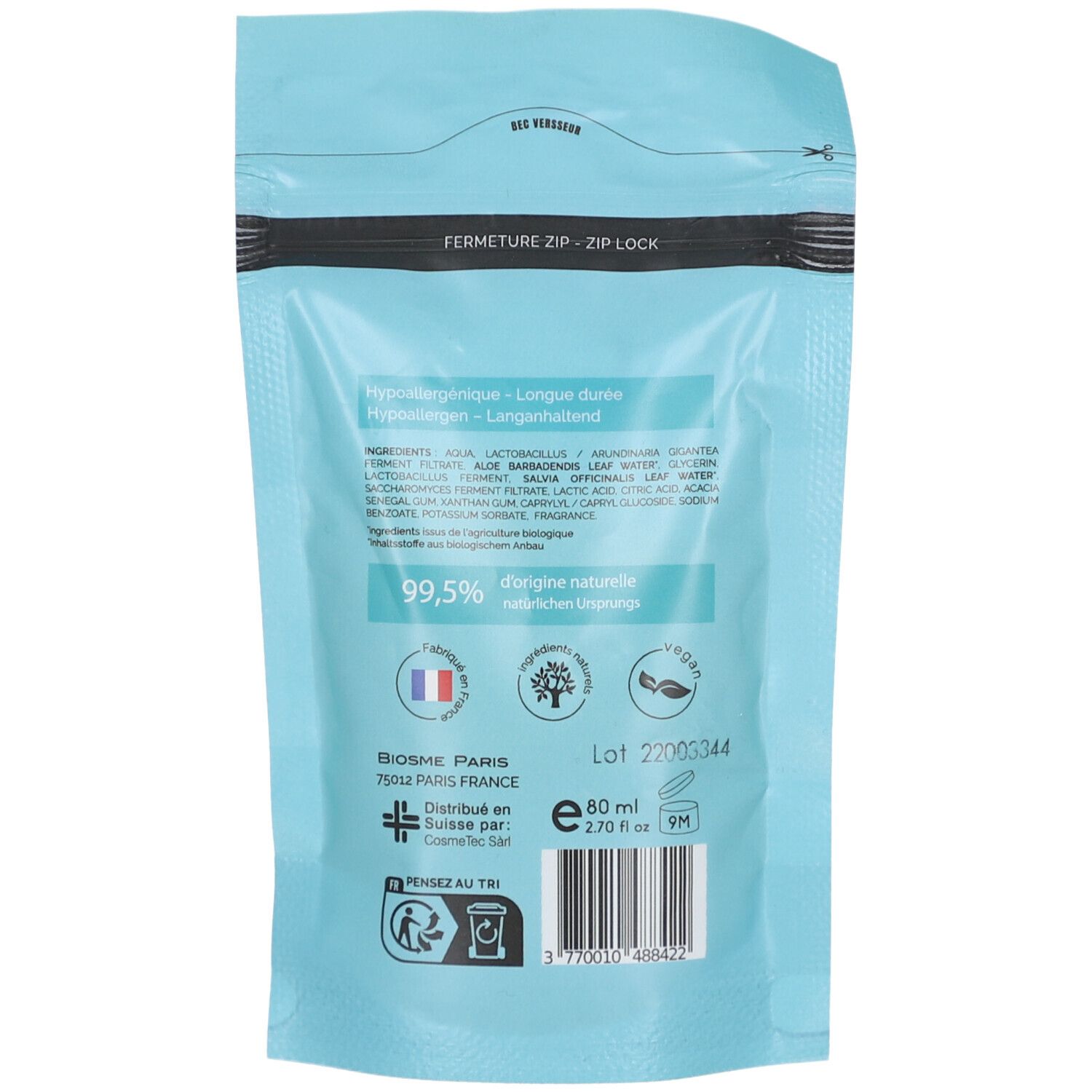 Rückseite der Deodorant-Nachfüllpackung. Hellblauer Hintergrund. Text: Inhaltsstoffe, 99,5% natürliche Inhaltsstoffe, Vegan.