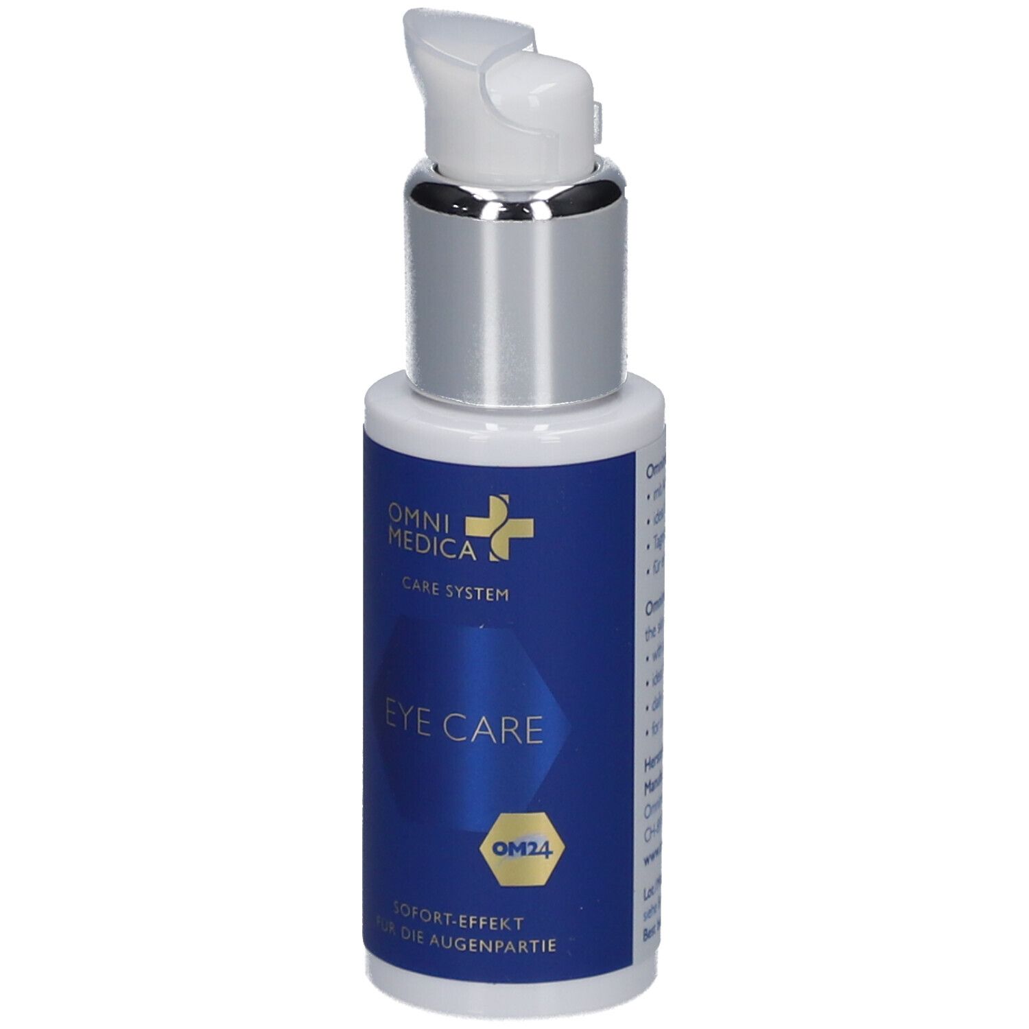 Augenpflegeflasche mit Pumpkopf. Blau-weißes Etikett mit Schriftzug EYE CARE und Logo.