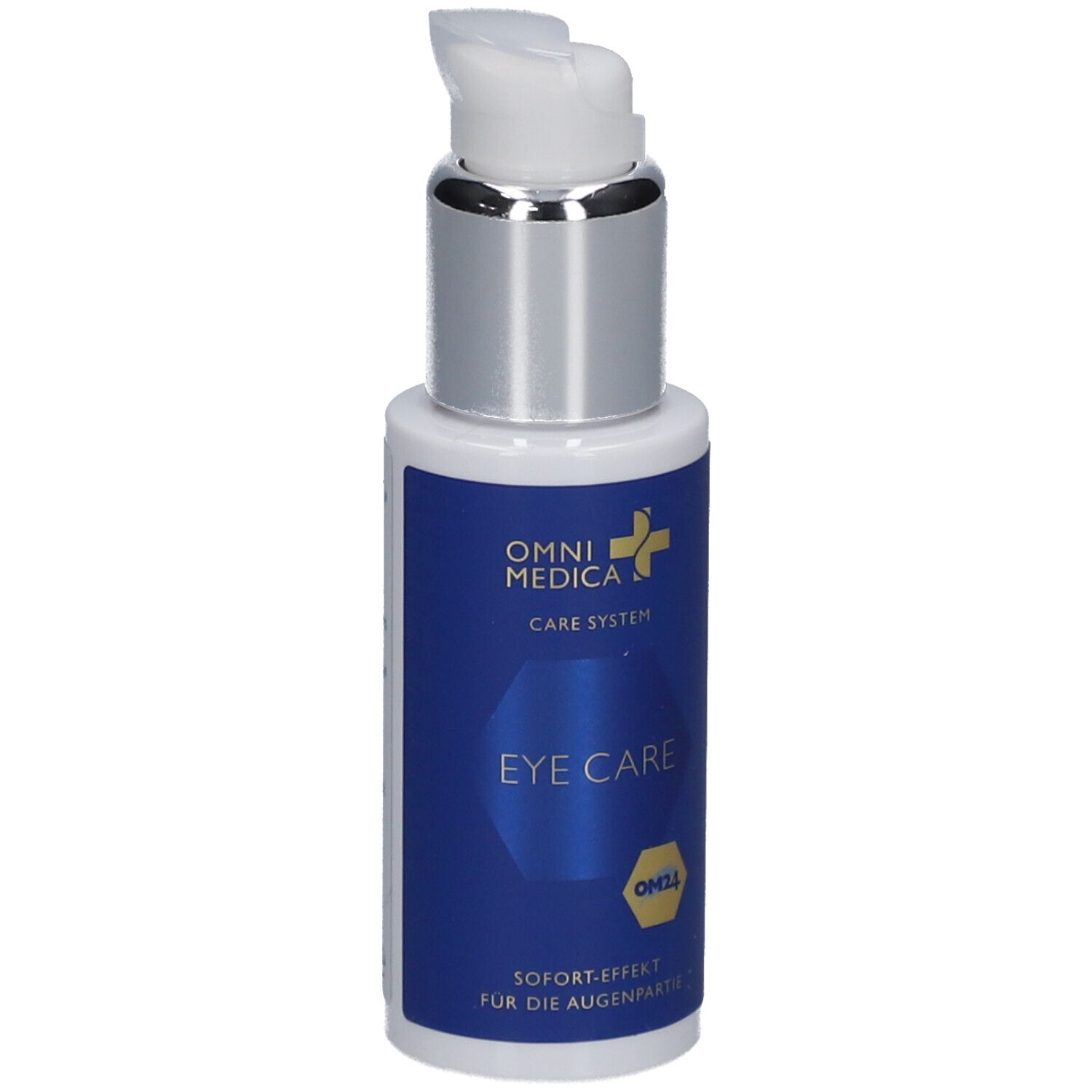 Augenpflegeflasche mit Pumpkopf. Blau-weißes Etikett mit Schriftzug EYE CARE und Logo.
