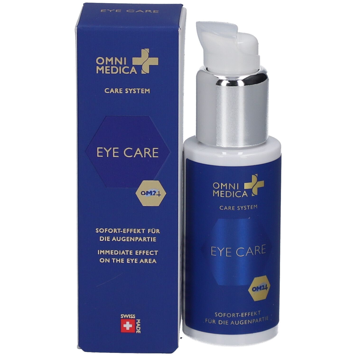 Augenpflegeflasche und Verpackung. Blaue Schachtel mit Schriftzug EYE CARE und Logo. Flasche daneben.
