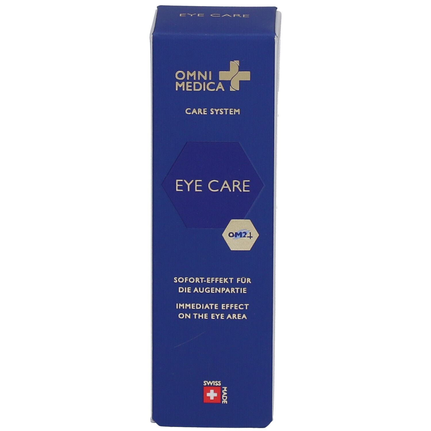 Blaue Verpackung für Augenpflege. Schriftzug EYE CARE und Logo. Schweizer Flagge.