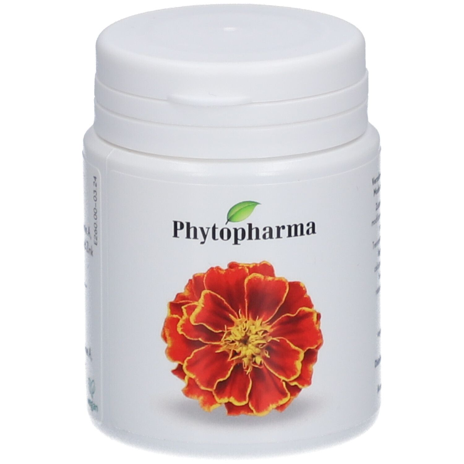 Boîte blanche avec fleur rouge et inscription Phytopharma. Couvercle en haut.