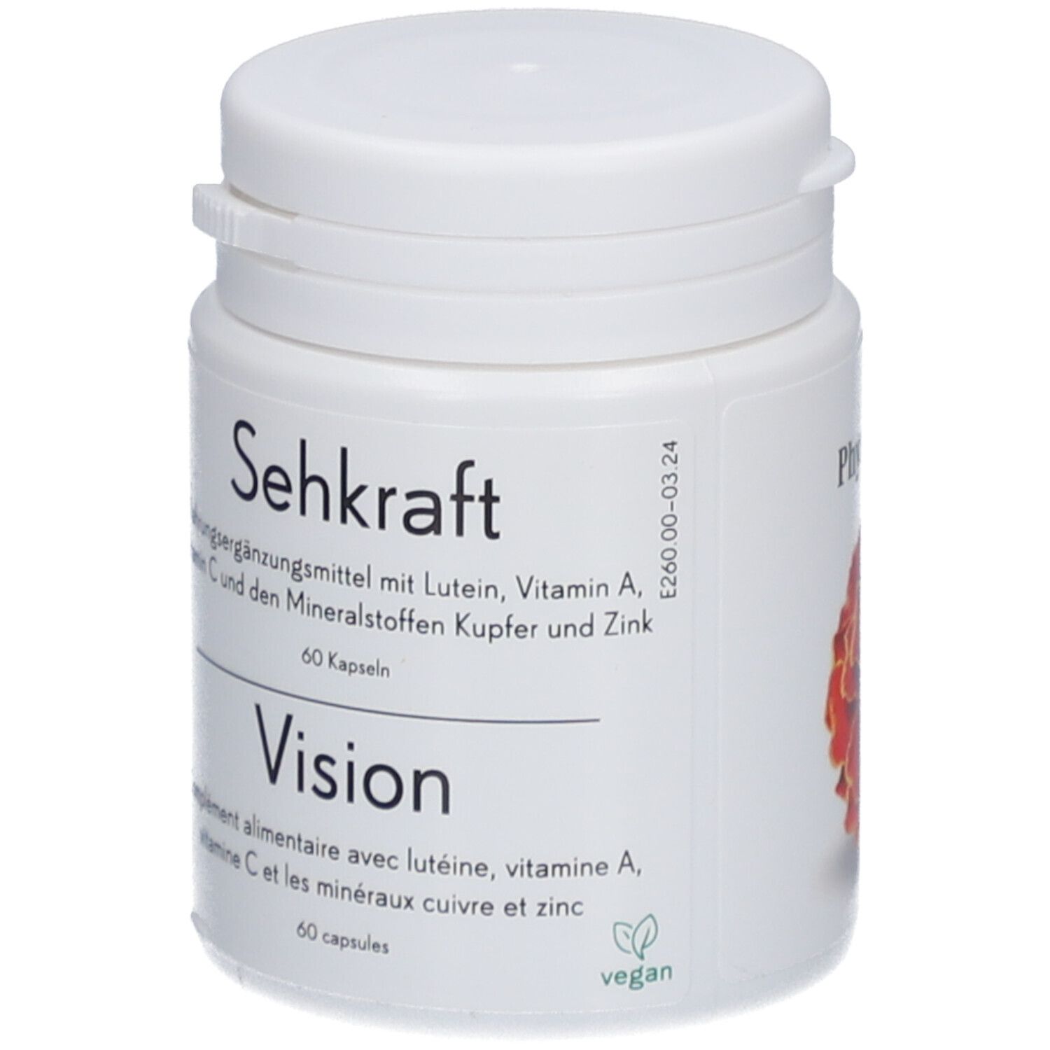 Boîte blanche avec inscription Sehkraft, Vision, 60 capsules. Sceau végétalien.
