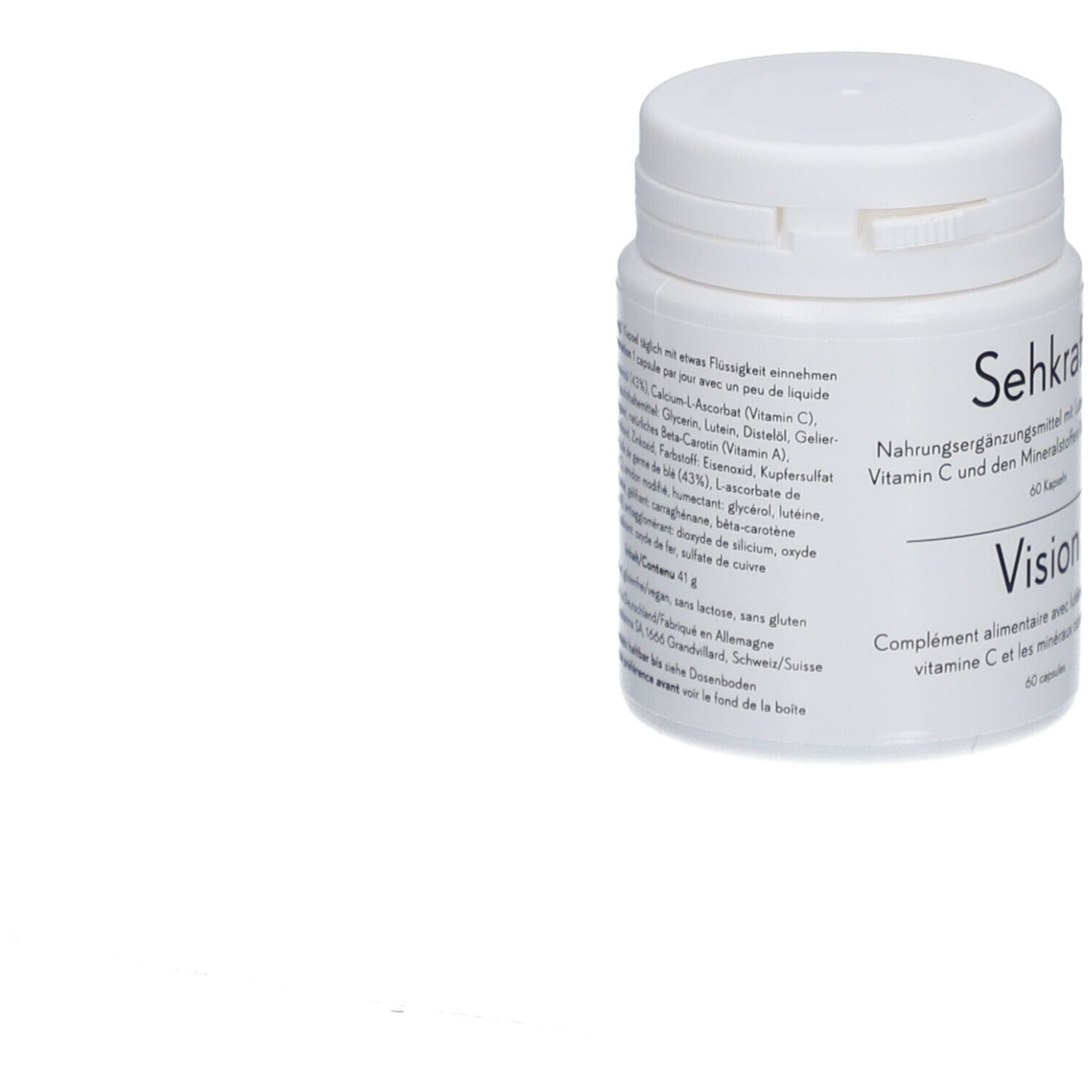 Boîte blanche avec inscription Sehkraft, Vision, 60 capsules. Sceau végétalien.