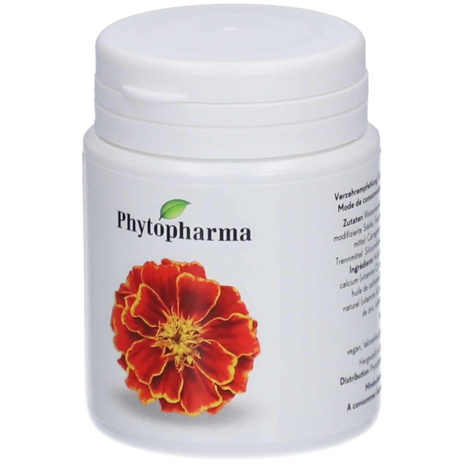 Boîte blanche avec fleur rouge et inscription Phytopharma. Couvercle en haut.